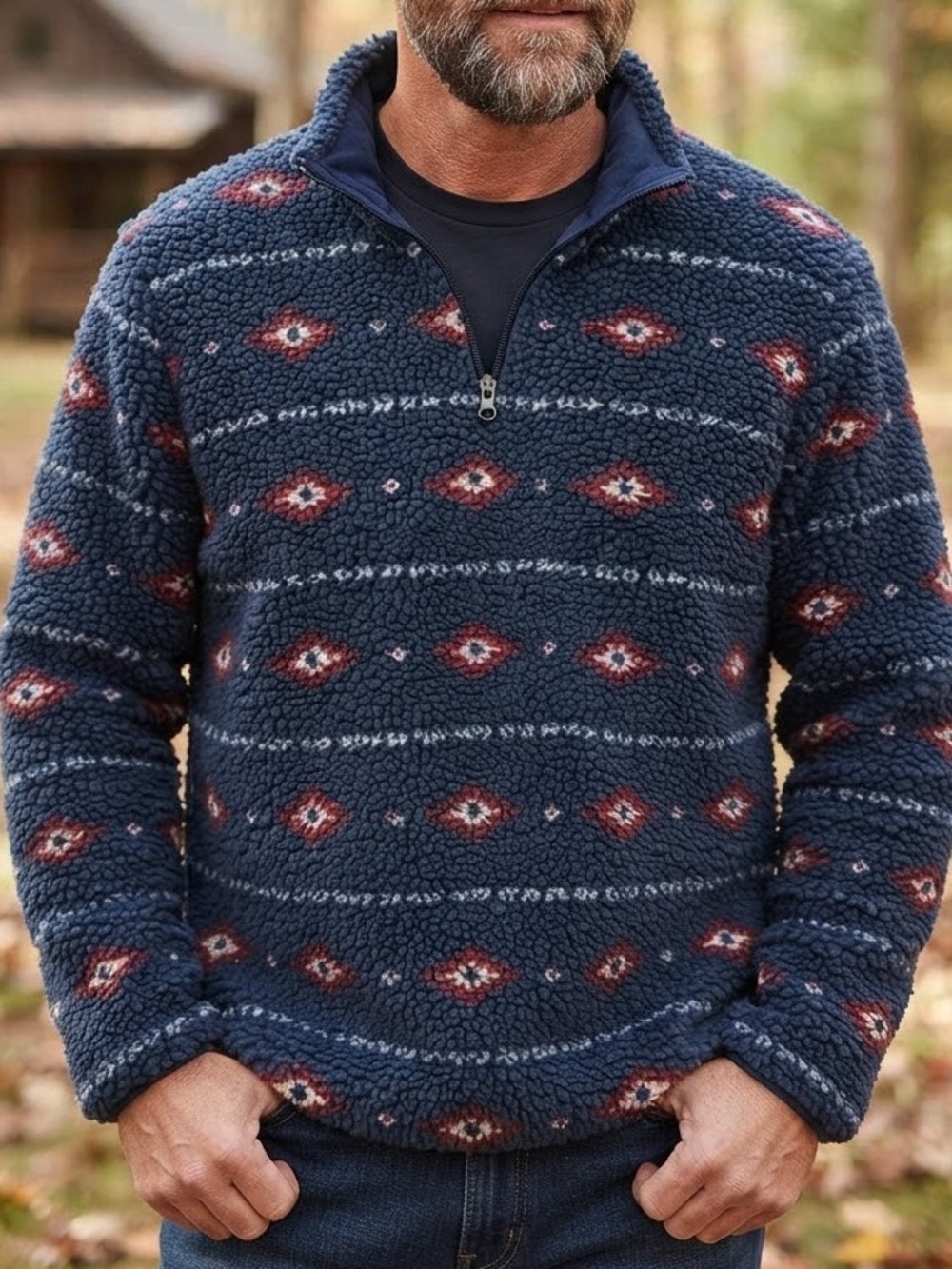 Wrangler Navy Sherpa Zip-Up with Rust & Cream Aztec Geometric Pattern